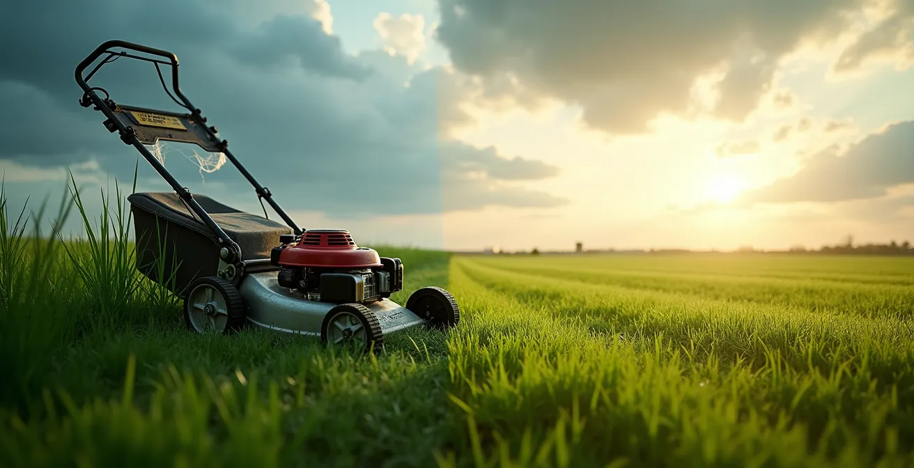 Comparaison visuelle entre entretien manuel et automatisé du jardin