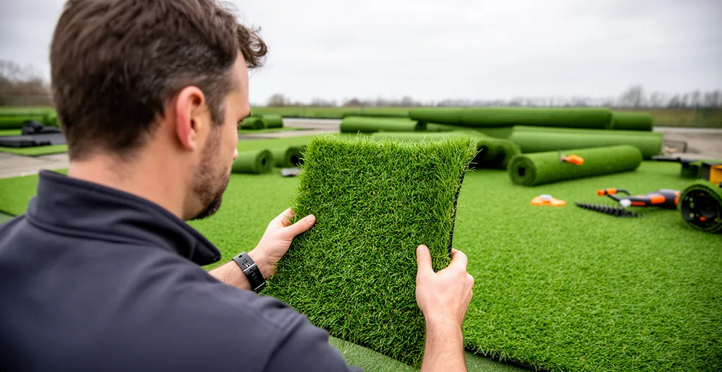 Paysagiste examinant un échantillon de gazon synthétique pour vérifier la densité des fibres