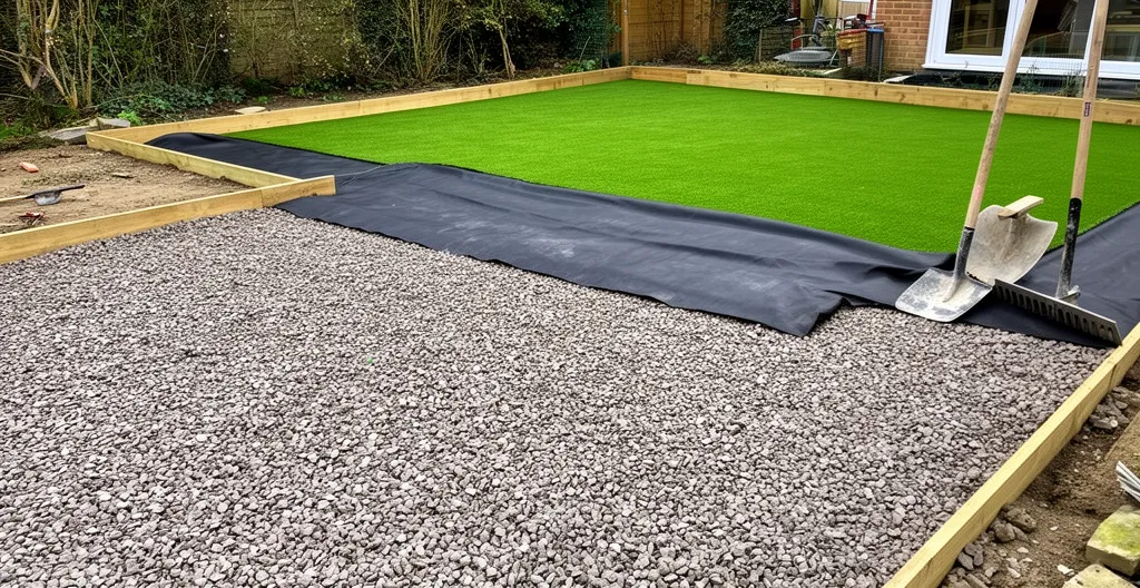 Préparation du sol avec couche drainante et géotextile avant pose de gazon synthétique