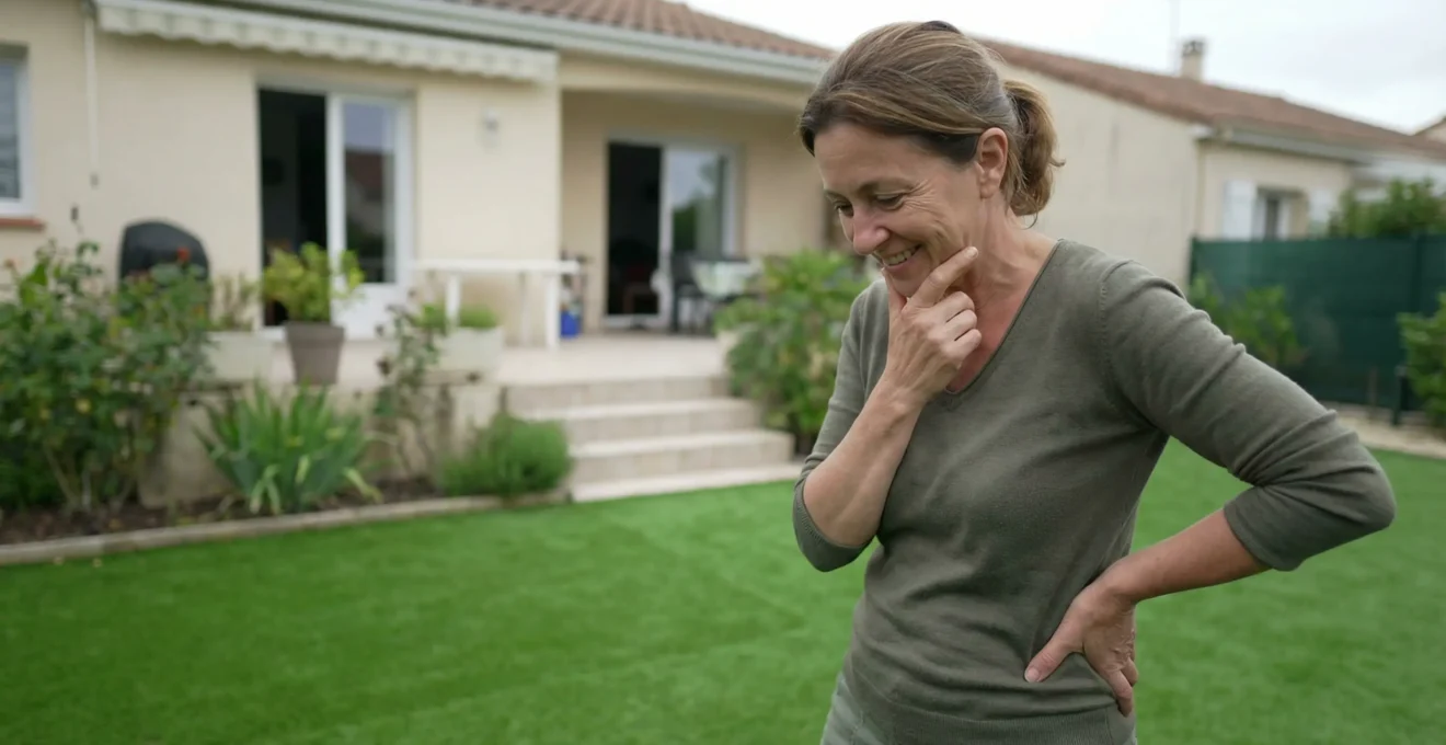 Propriétaire observant son gazon synthétique fraîchement installé dans un jardin résidentiel