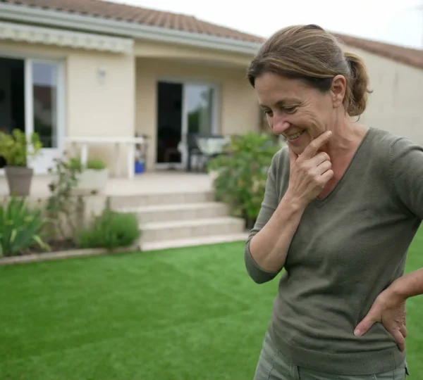 Propriétaire observant son gazon synthétique fraîchement installé dans un jardin résidentiel